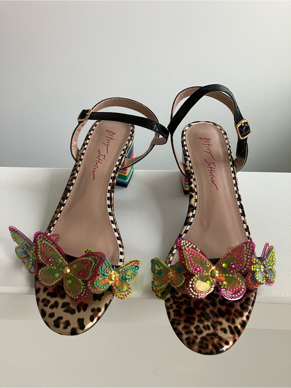 Betsey Johnson Black Leopard Sandals with Multicolor Butterfly Appliques